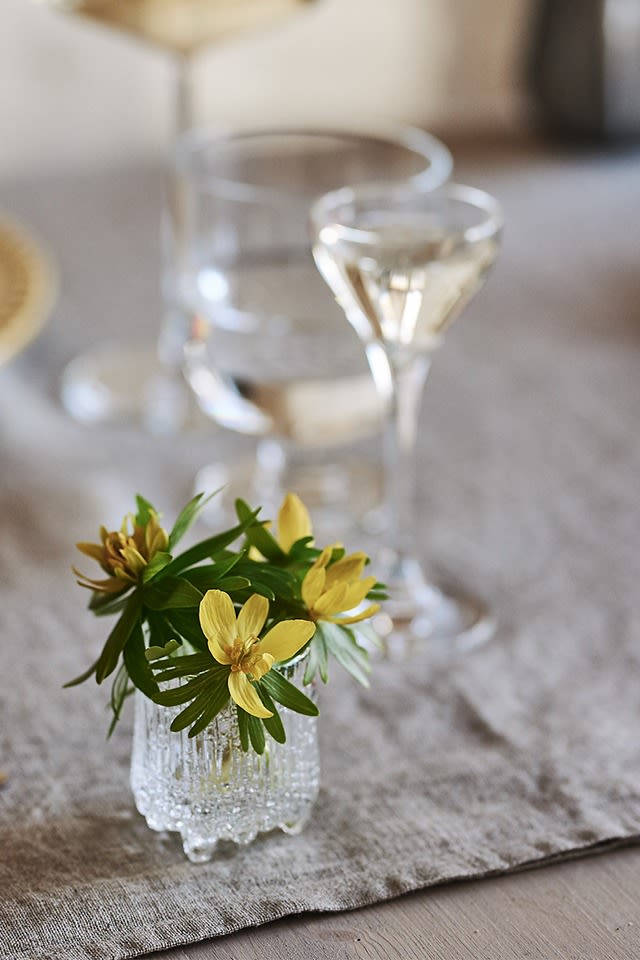 Das Ultima Thule Schnapsglas mit gelben Gänseblümchen steht auf einem frühlingshaft gedeckten Tisch.