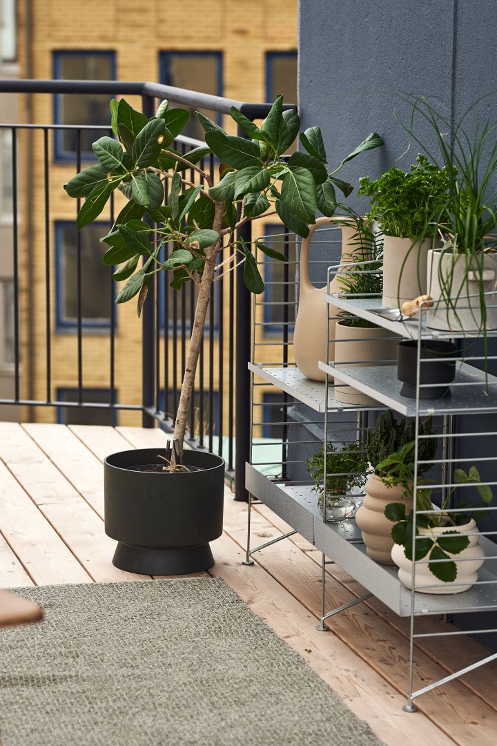 Hier sehen Sie einen Balkon, welcher mit Pflanzen in Töpfen von Rosendahl in einem Stringregal und einem Kunststoffteppich von Scandi Living eingerichtet worden ist.